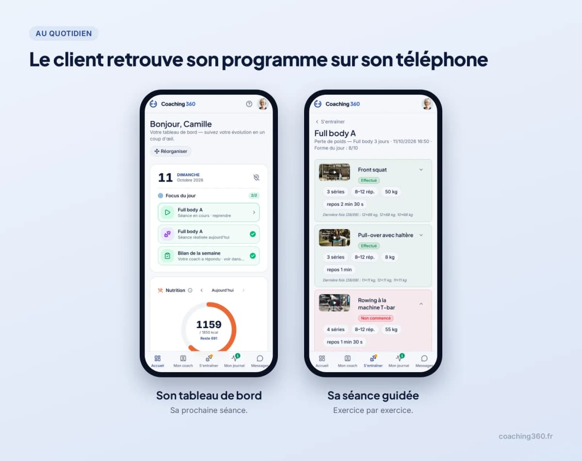 Tableau de bord et séance guidée d’un client sur téléphone dans Coaching 360