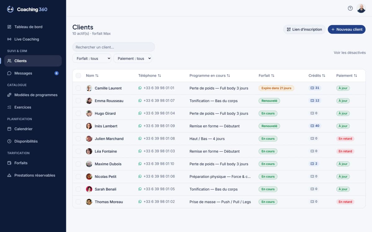 Liste des clients d’un coach dans Coaching 360